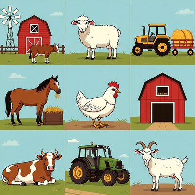 Farm Animals and Machinery Illustration