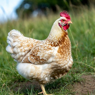 White hen standing in grass