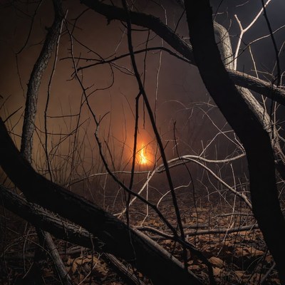 Campfire Through Bare Tree Branches