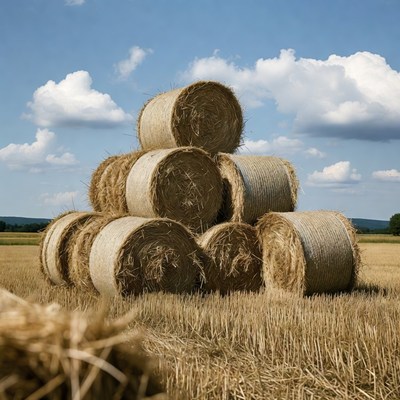 Hay bales stacked in wheat field