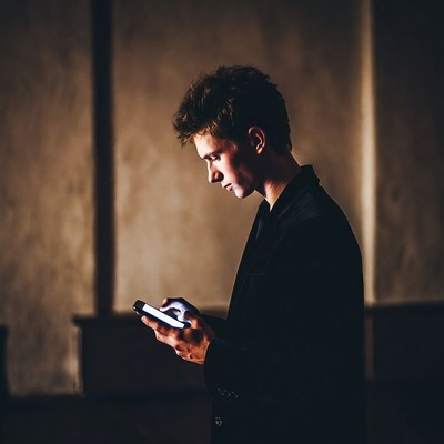 Young man checking phone in dark