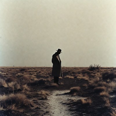 Man in trench coat and hat on prairie