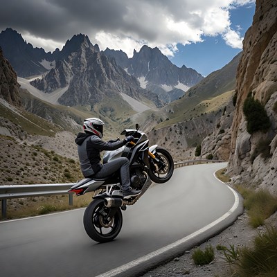 Man wheeling motorcycle on mountain road