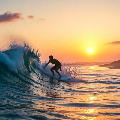 Man surfing wave at sunset
