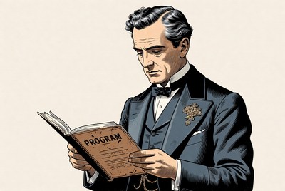 Man reading program in tuxedo