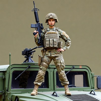 Female soldier with rifle on Humvee