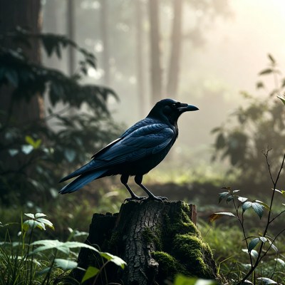 Raven Perched on Mossy Stump in Foggy Forest