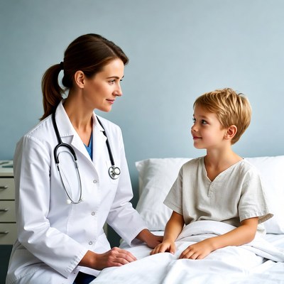 Doctor woman talking to boy in hospital bed