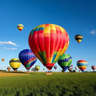 Colorful Hot Air Balloons Over Green Field