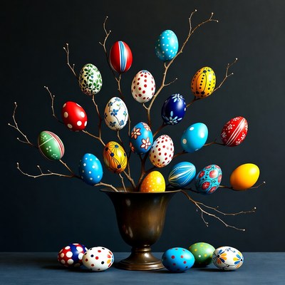 Colorful Easter Eggs on Branch in Vase