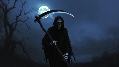 Grim Reaper with scythe under moon