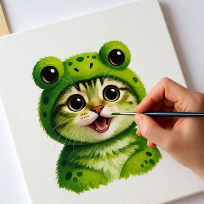 Hand painting kitten in frog costume
