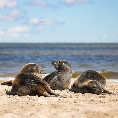 Harbor seals lounging on beach