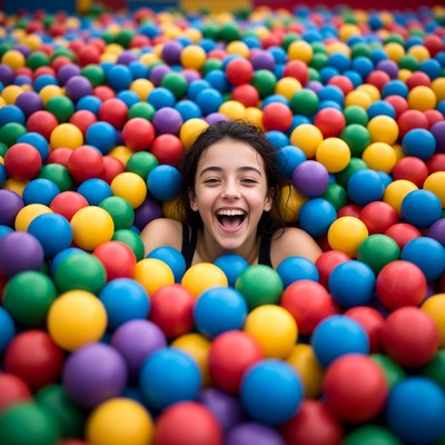 Girl laughing in colorful ball pit