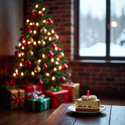 Birthday Cake by Christmas Tree