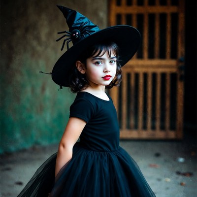 Girl in witch costume with spider hat