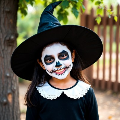 Girl in witch costume with skull makeup