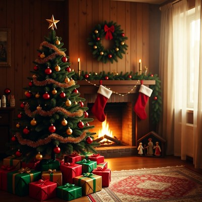 Cozy Christmas Tree by Fireplace