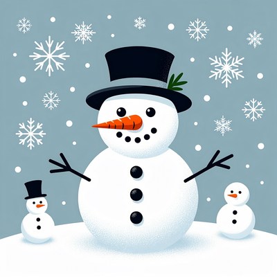 Snowman with Small Snowmen and Snowflakes