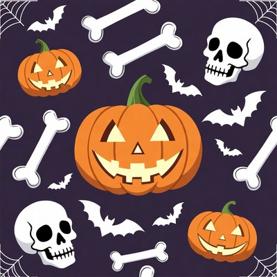 Halloween Pumpkin Bats Skulls Illustration