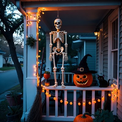Skeleton witch pumpkin Halloween porch