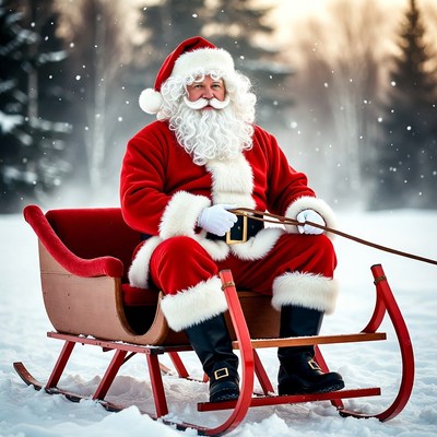 Santa Claus sitting in red sleigh