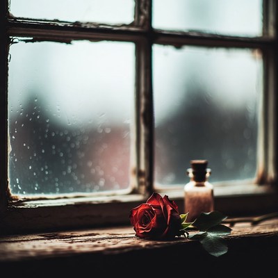 Red Rose and Vial on Rainy Windowsill