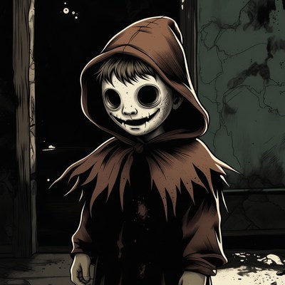 Creepy hooded boy with clown smile