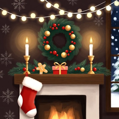 Christmas Fireplace with Wreath and Stocking