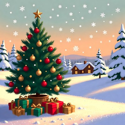 Christmas Tree with Gifts in Snowy Landscape