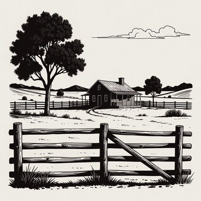 Black and white illustration of countryside house