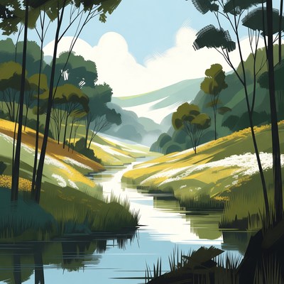 Serene Forest River Valley Illustration