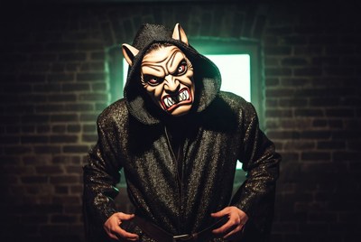 Man in snarling demon mask