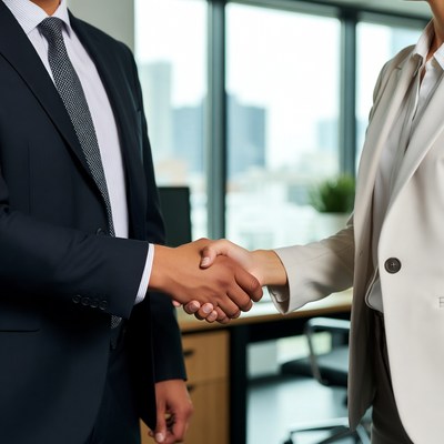 Businessman and businesswoman shaking hands