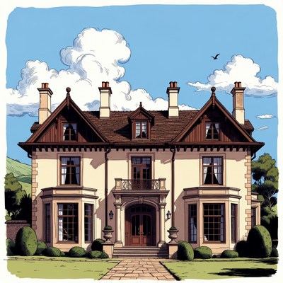 Elegant Mansion with Chimneys and Balcony