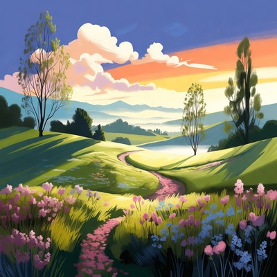 Sunset Landscape with Path and Flowers