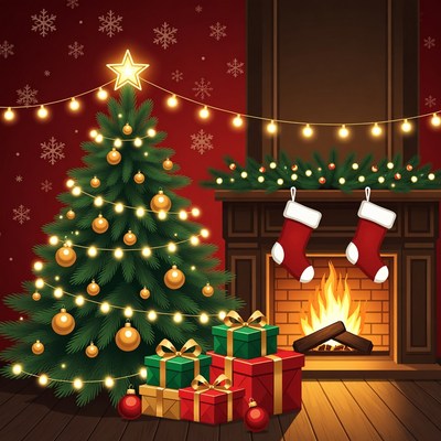Christmas Tree Fireplace Stockings Presents