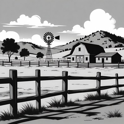 Black and White Farm Landscape Illustration