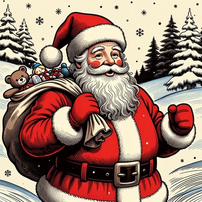 Santa Claus with toys in snowy forest