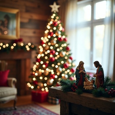 Nativity Scene by Lit Christmas Tree