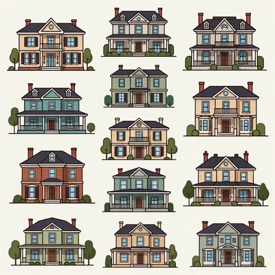 Colorful Line Art Houses Collection