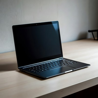 Black laptop on wooden desk