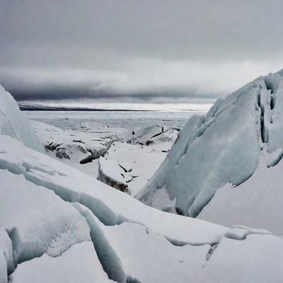 Glacial Ice Field Under Cloudy Sky