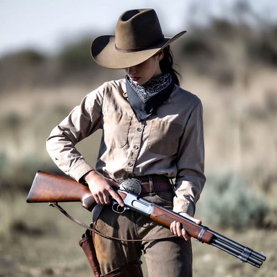 Asian woman cowboy holding rifle