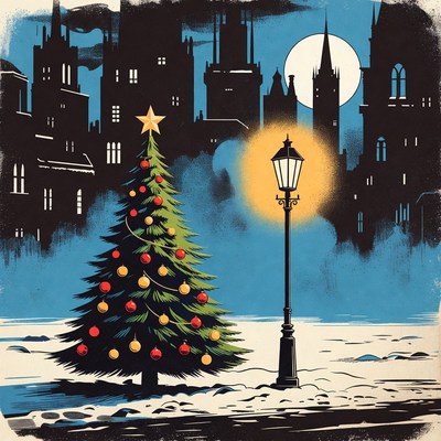 Christmas Tree and Street Lamp in Gothic City