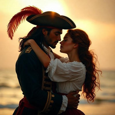 Pirate man embracing redhead woman at sunset