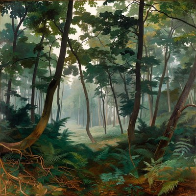 Lush Green Forest with Ferns and Path