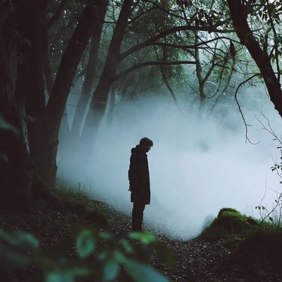 Man standing in foggy forest