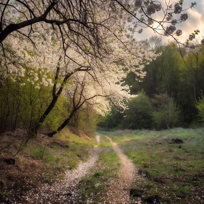 Cherry Blossom Path in Forest