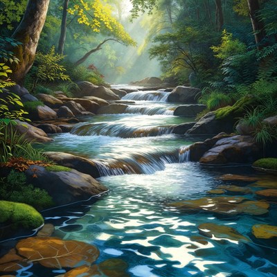 Forest Waterfall with Sunlight Rays